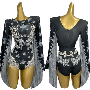 Sexy Sparkly Pearls Rhinestones Tassels Printing Bodysuit Bar Nightclub Performance Costume Evening Party Stage Wear