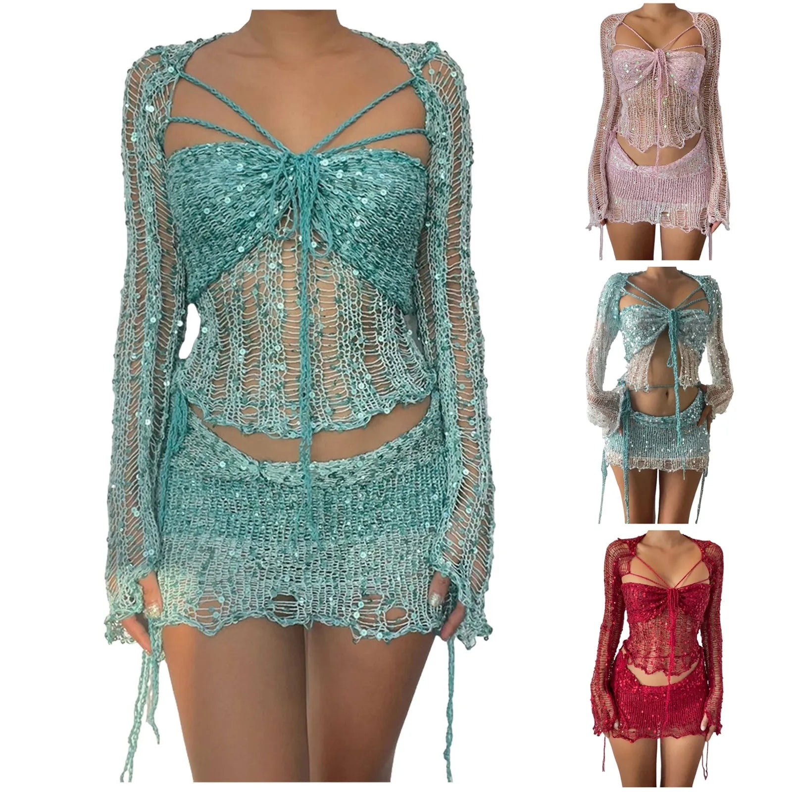 Ensemble deux pièces sexy en crochet tricoté avec jupe, haut court à paillettes et mini-jupe, tenue élégante et ajourée pour femme