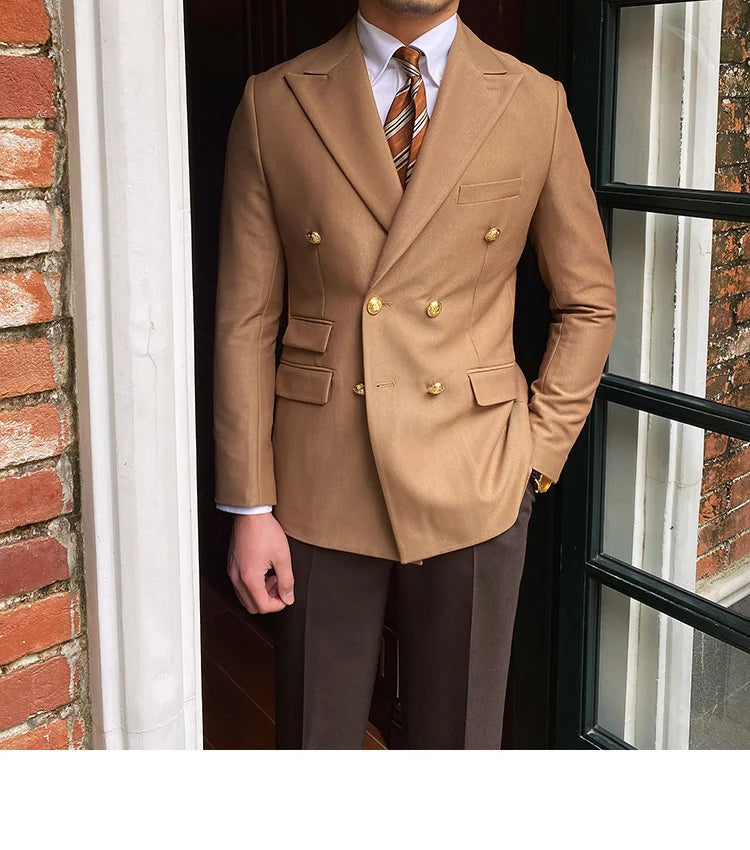 Blazer de estilo británico para hombre, traje ajustado de dos piezas con doble botonadura, color liso, informal y moderno.
