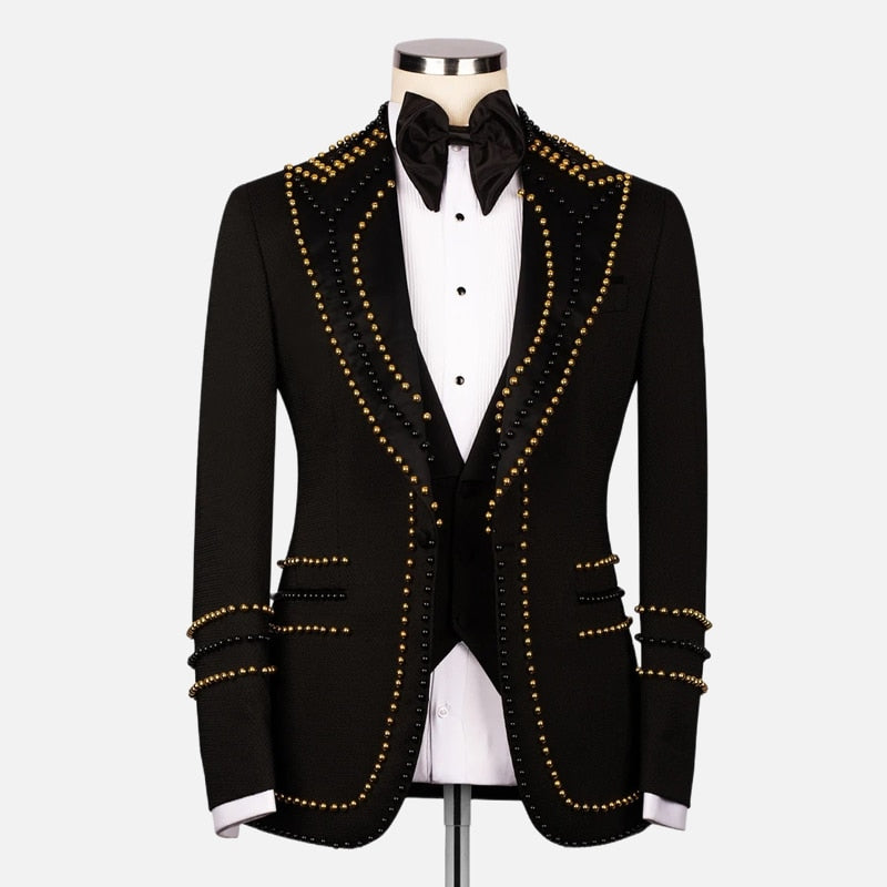 Luxury Wedding Tuxedo Black Formal Groom Men Suits Gold Crystals Business Wear Blazer Vest Pants Tailored Made Prom Party Suit