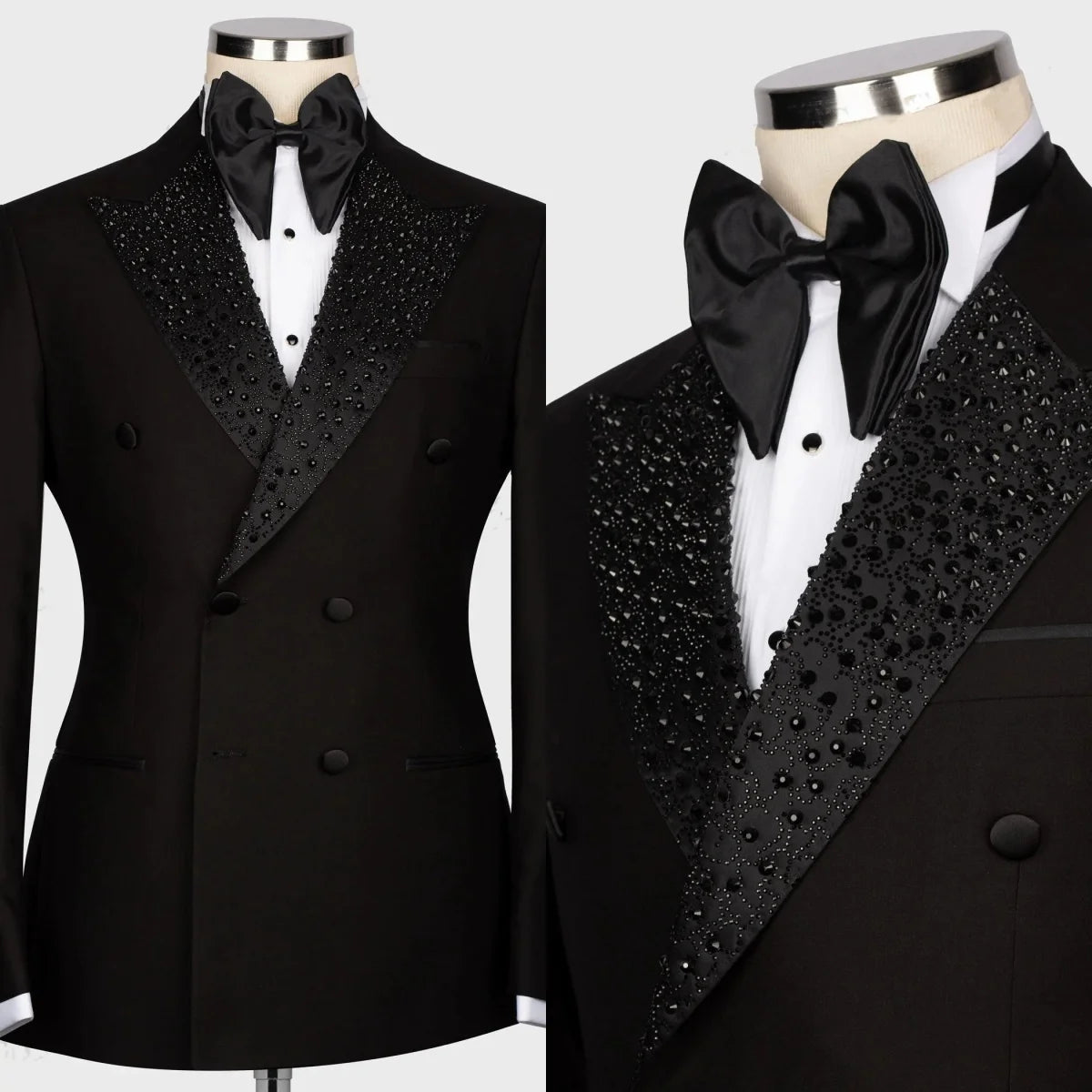 Modern Men Suits Tailor-Made Peaked Lapel 2 Pieces Set Beaded Double Breasted Wedding Blazer Customized Jacket Black Pants