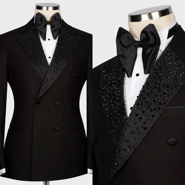 Modern Men Suits Tailor-Made Peaked Lapel 2 Pieces Set Beaded Double Breasted Wedding Blazer Customized Jacket Black Pants