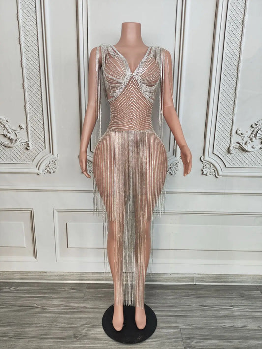Luxurious Celebrate Birthday Evening Prom Dress Women Sparkly Diamonds Chains Sexy See Through Photography Show Wear