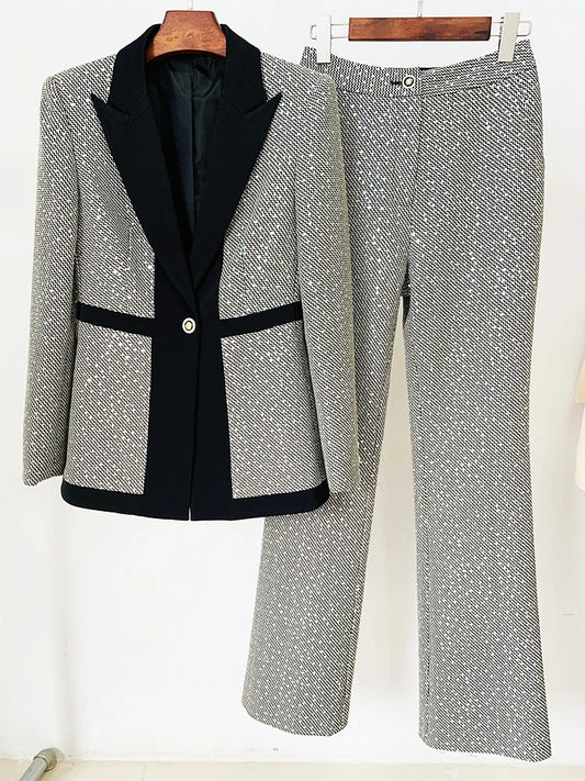 Designer Fashion Runway Suit Set Women Glitter Squined Blazer Jacket Pants Set