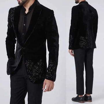 Luxury Men Suit 2-Piece Blazer Single Breasted Jacket Crystals Beaded Slim Fit Wedding Tuxedo Groom Prom Customized