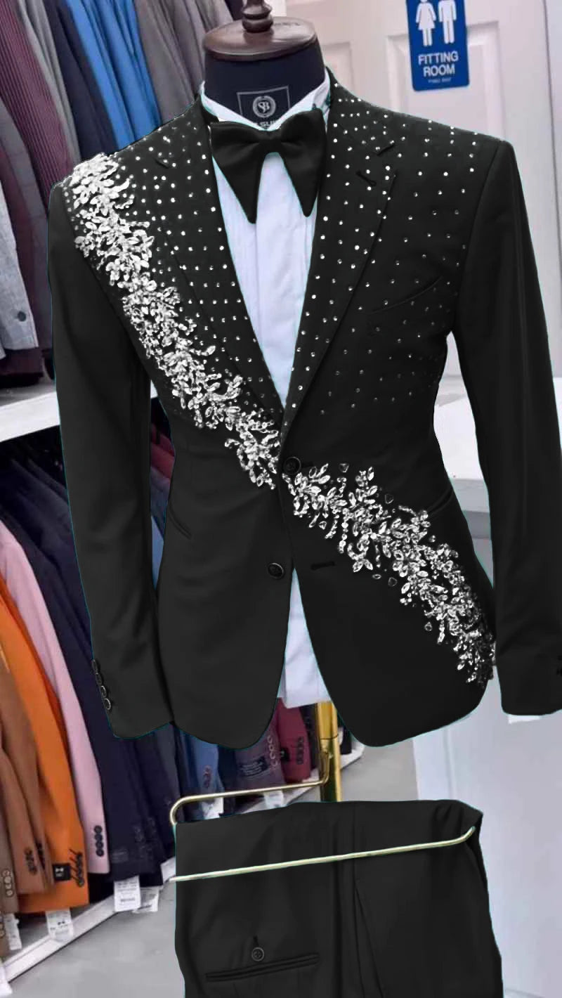 Luxury Men's Suits Crystals 2-Piece Single Breasted Blazer Peaked Lapel Formal Occasions Party Prom Customized Plus Size Tuxedo