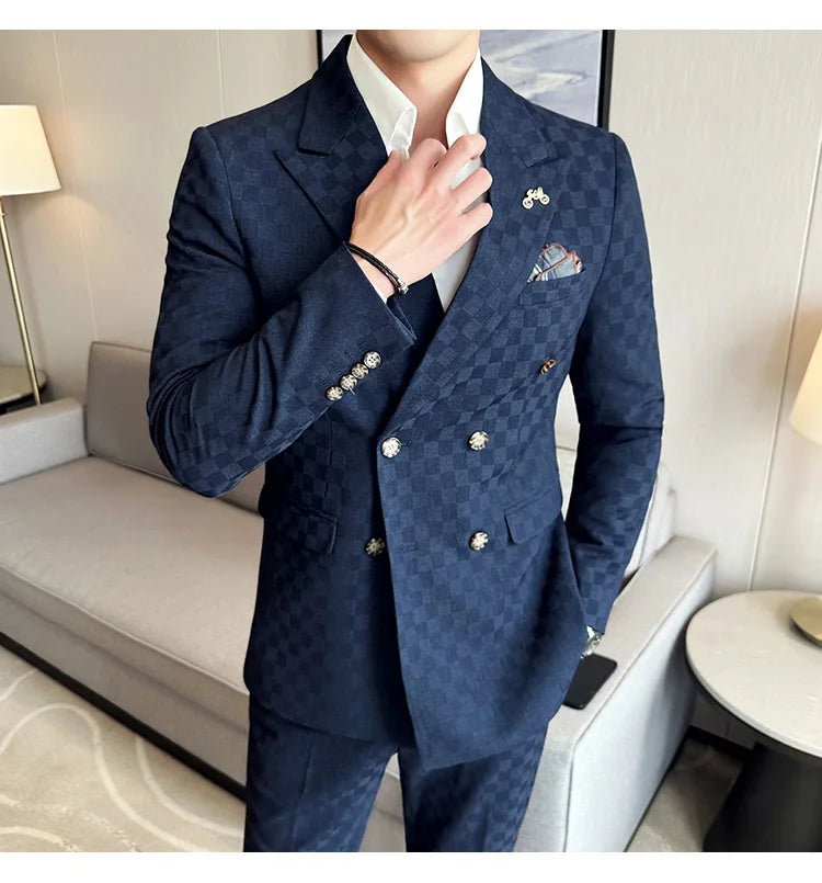Elegant Double-Breasted Navy Checker Suit for Men – Custom Tailored Business & Wedding Attire, Stylish Formalwear Set