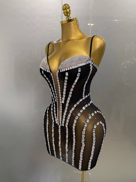 Robe courte transparente en maille à strass scintillants pour femme, tenue de soirée, d'anniversaire, de bal, de boîte de nuit, de séance photo, de scène