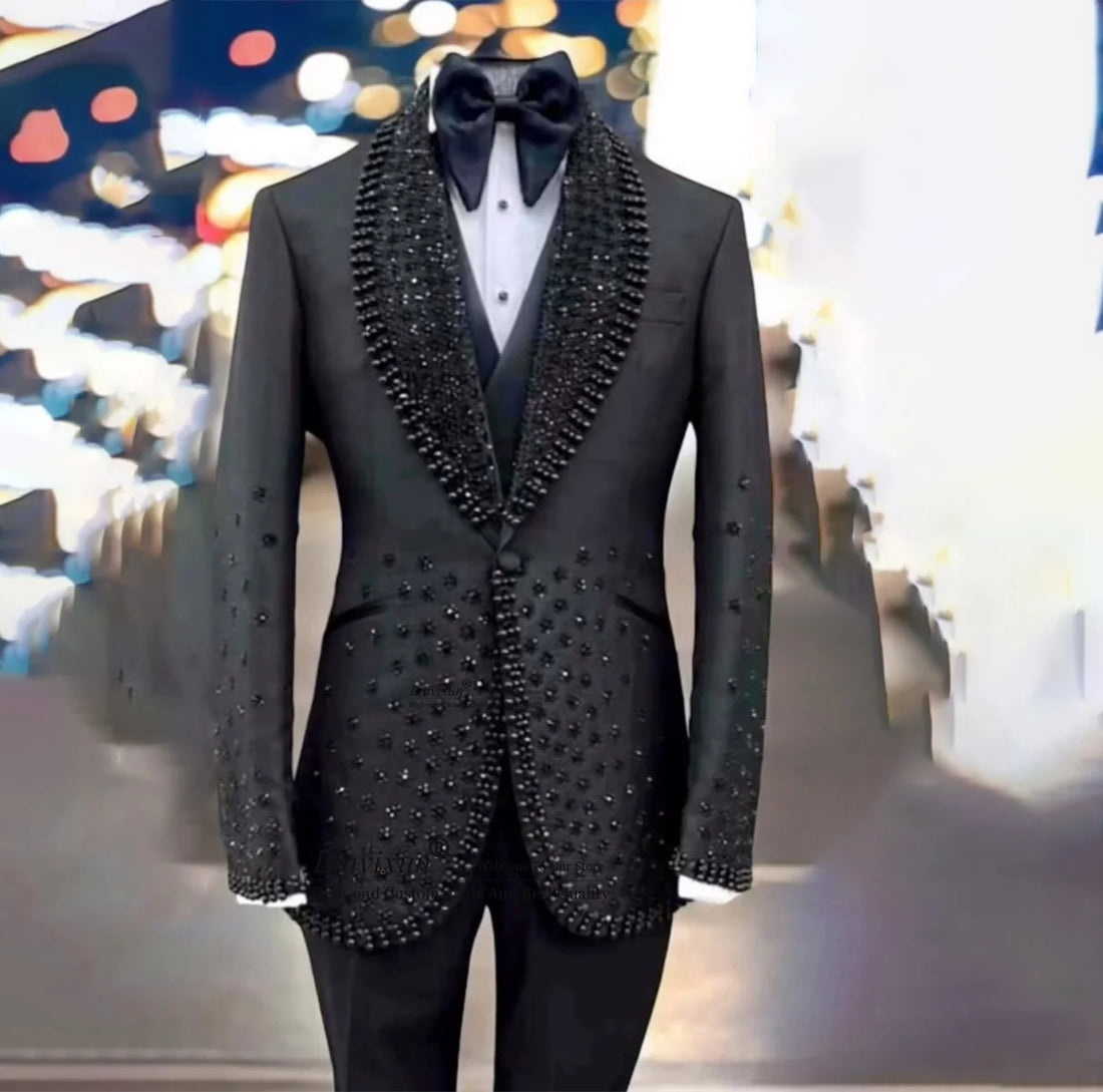 Costume 3 pièces pour homme, smoking de mariage, col châle, perlé, avec cristaux, pour bal de promo
