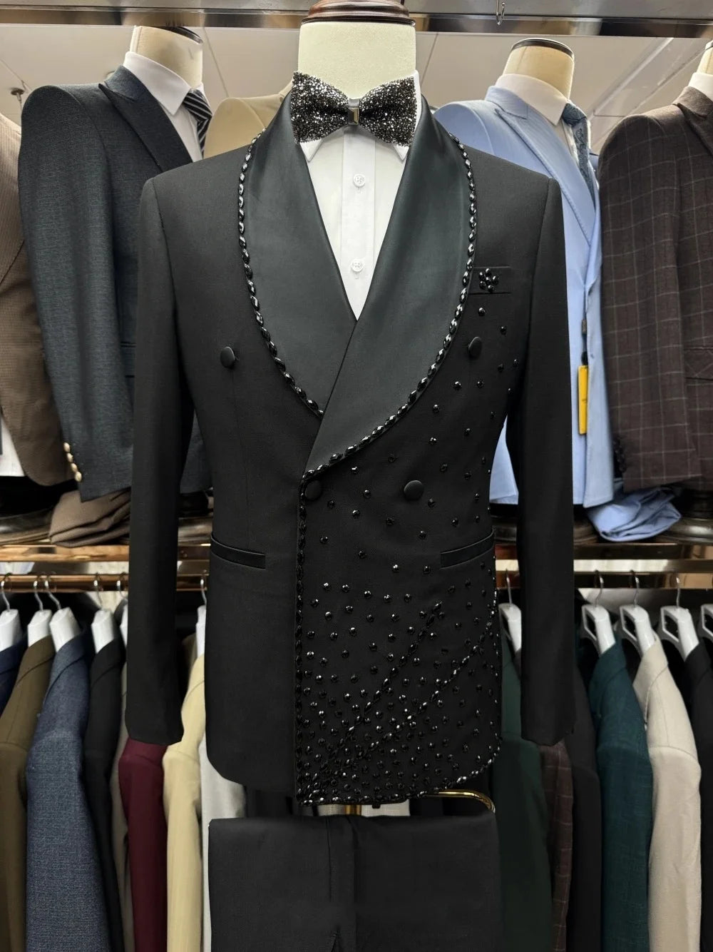 Men's Suit Beaded Shawl Lapel Blazer Simple 2 Pieces Set Coat Rhinestone One Button Prom Formal Occasion Customized Jacket Pants