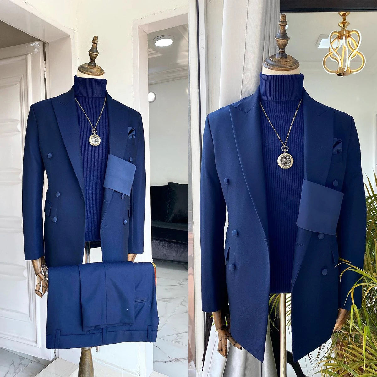 Blue Groom Suit for Wedding Slim Fit Peaked Lapel Mens Blazer Party Birthday Formal Wear 2 Pieces