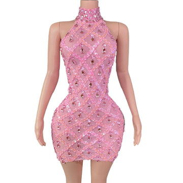 Sparkly Pink Rhinestones Short Dress for Women Sexy Sleeveless Mesh Transparent Evening Prom Birthday Dress Singer Stage Wear