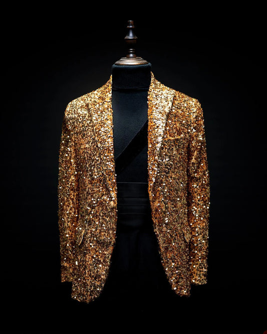 Luxury Shiny Golden Sequins Blazer Bling Glitter Men Peaked Lapel Tuxedo for Wedding Party Stage Costume Only One Jacket