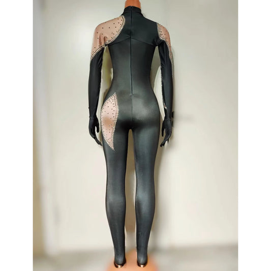 Sexy Stage Sparkly Rhinestones Jumpsuit Luxury Women One Piece Sheer Spandex Dance Drag Queen Costume Nightclub Stage Wear