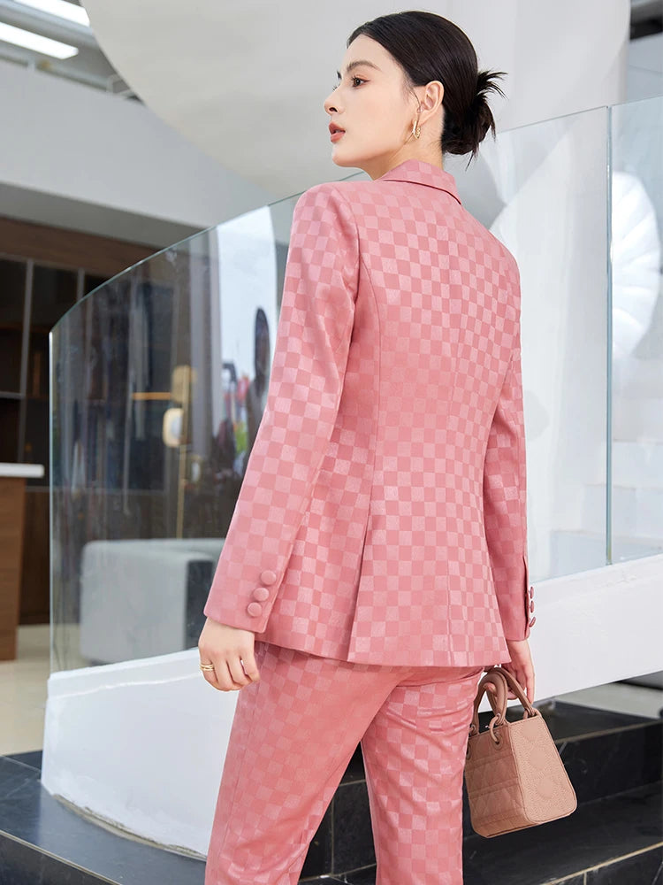 Fashion Ladies Formal Pant Suit Women Purple Pink Black Plaid Jacket and Trouser Female Business Work Wear 2 Piece Blazer Set