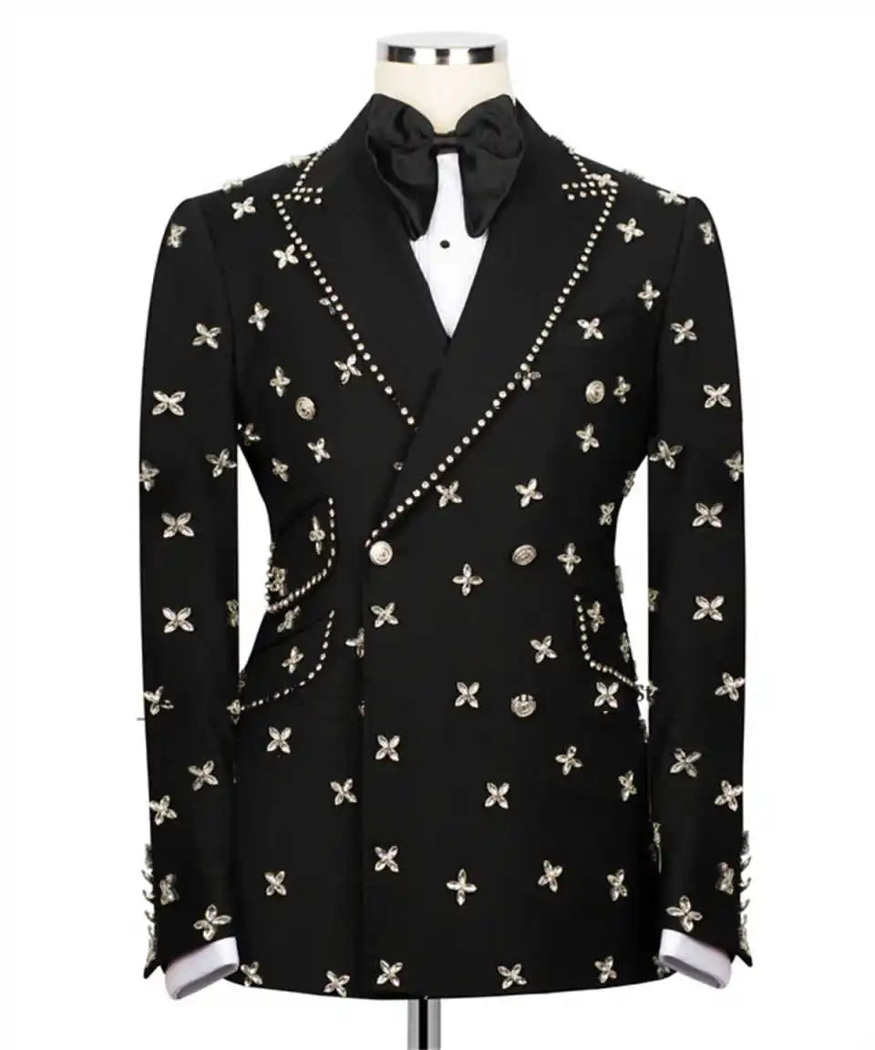 Mens Suit 2 Piece Jacket Pants Handmade Beads Customized Slim Fit Groom Tuxedo Wedding Formal Occasions Tailored Party Wear