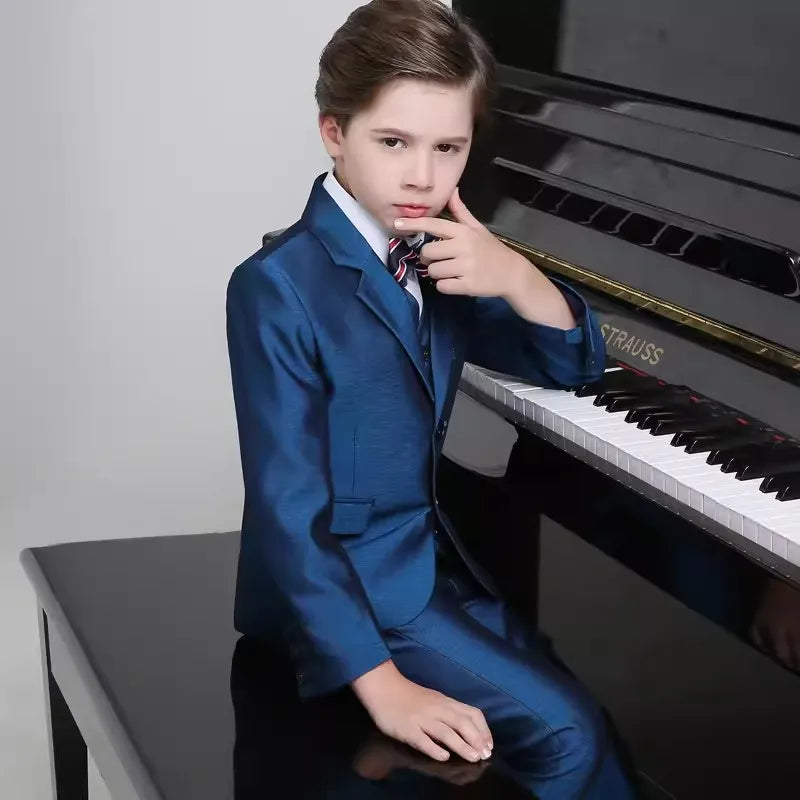 Boys Navy Blue Formal Suit Three Piece Outfit with Striped Bow Tie