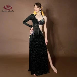 Belly Dance Competition Women's High-end Diamond Inlaid Split Long Skirt, Samba Performance Clothing Dress