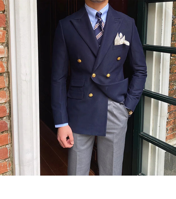 Blazer de estilo británico para hombre, traje ajustado de dos piezas con doble botonadura, color liso, informal y moderno.