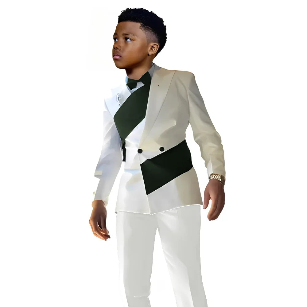 Satin Boys Suit 2 Pieces Set Double Breasted White Jacket with Pants Wedding Tuxedo Kids for 2-16 Years Old Boy Slim Fit Suit