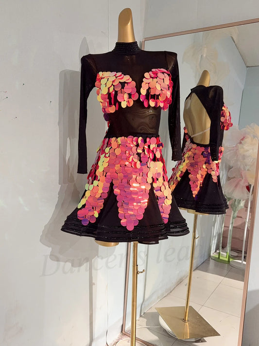 Latin Dance Competition Women's High End Customized Mesh Splicing Pink Sequins Cha Cha Samba Performance Diamond Dress
