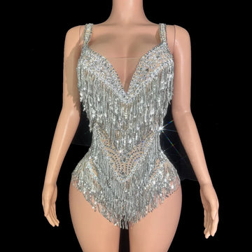 Tenue de scène à strass et paillettes avec pompons pour femme, body sexy transparent, costume de danse pour chanteuse et danseuse 