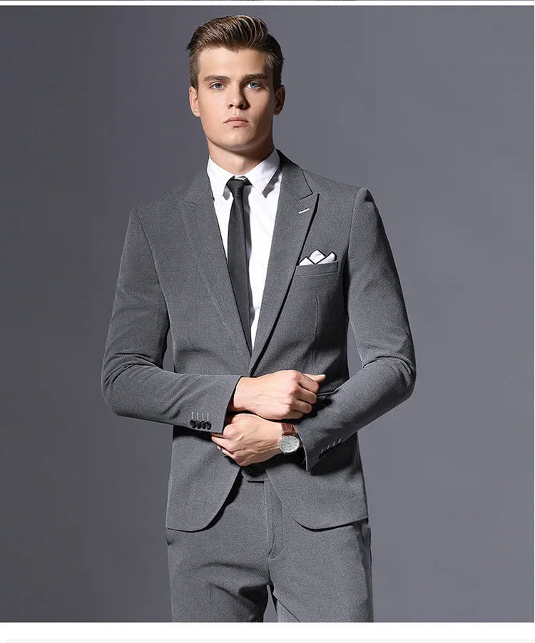 Costume gris slim fit pour homme, ensemble deux pièces avec cravate et pochette