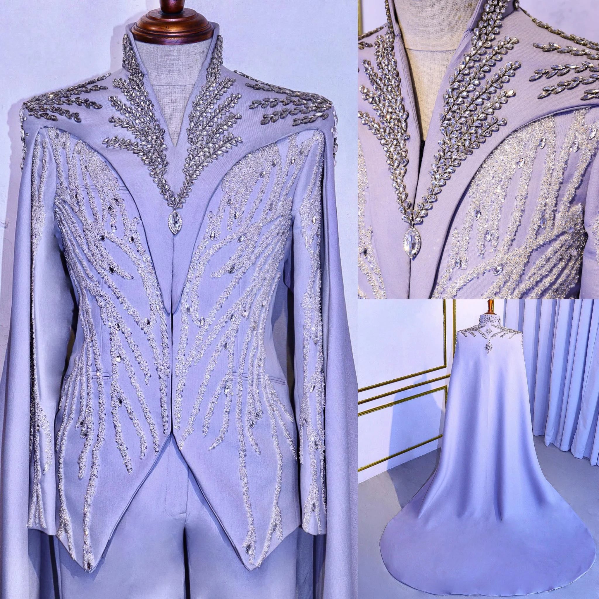 Luxury Men Suits Crystal Beaded Tailor-Made 1 Piece Sequins Only Jacket with Cape Cosplay Evening Party Blazer Customized Coat