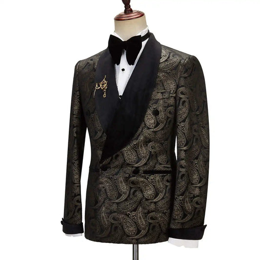 Retro Men Suits Jacquard Shawl Lapel Blazer 2 Pieces Set Double Breasted Celebrity Tuxedo Groom Coat Customized Jacket Pants