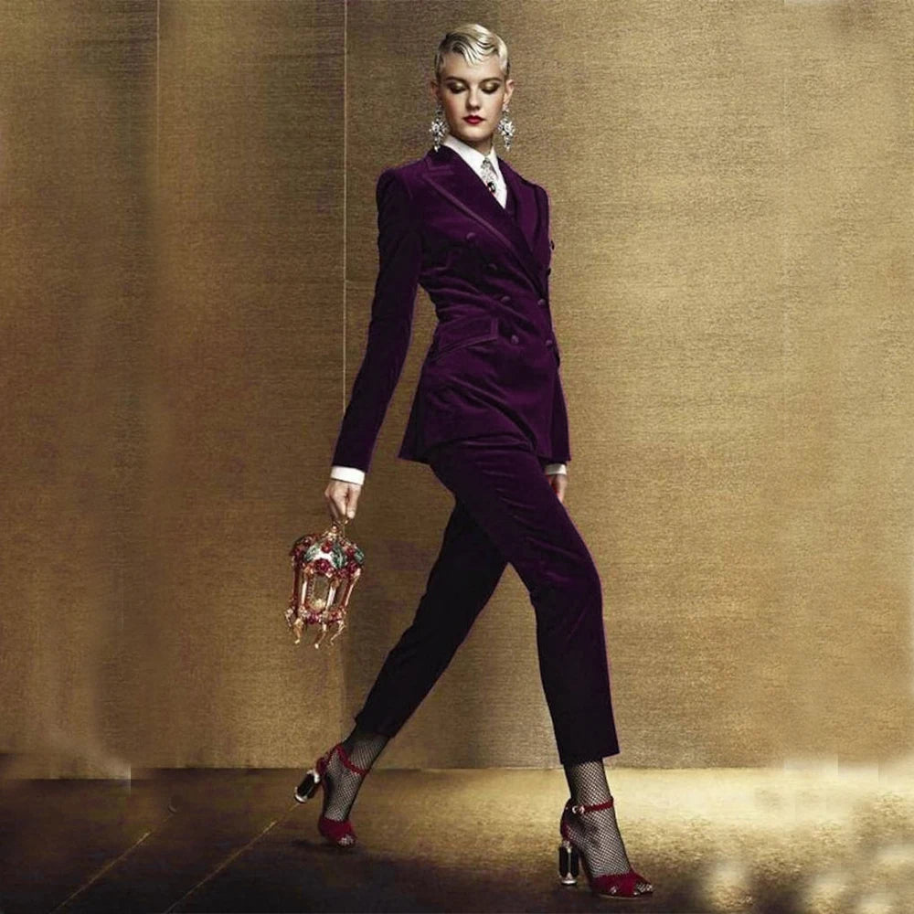 Ensemble 2 pièces en velours pour femme, blazer croisé et pantalon assortis pour bal de promo 