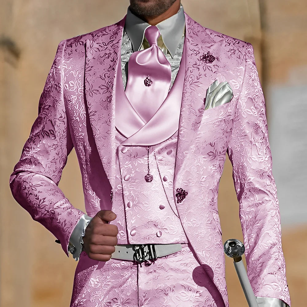 Jacquard Men's Suit 3 Piece Suit Groom Party Tuxedo Wedding Men's Formal Jacket Pants Vest Slim Fit Custom Suit Male