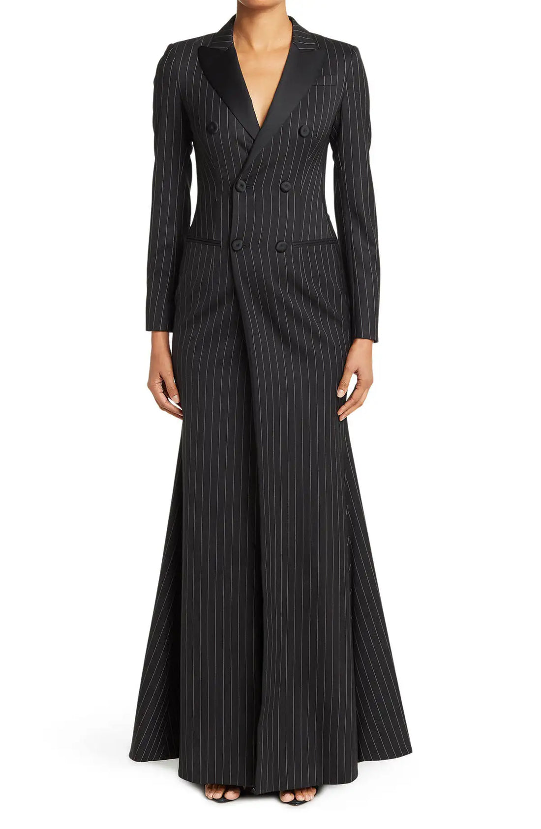 Vintage Women Long Blazer Dress Slim Fit Striped Jacket Overcoat Double Breasted Customized Formal Wear Evenings Party One Piece