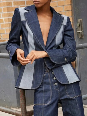 Bonboho Women's Jackets Fall New Contrast Color Casual Blazer Coat Lapel Collar Long Sleeves One-Buttoned Loose Fit Coats