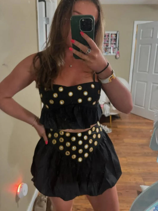 Sexy Sequin Top Skirt Party Set Women Strap Ruffle Solid Slash Neck Crop Tops Mini High Waist Bud Skirts Fashion Summer Set