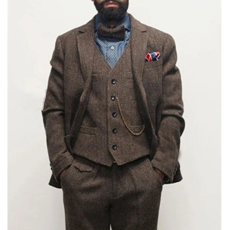 (Jacket+Vest+Pants) Smoking Winter Men's Suits Groom Wedding Dress Herringbone Pattern Tweed Slim Fit Fashion Blazer Men Clothin