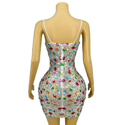 Sexy Luxury Elegant Shining Colourful Rhinestones Suspenders Mesh Dress Women Cocktail Party Evening Stage Photoshoot Costume