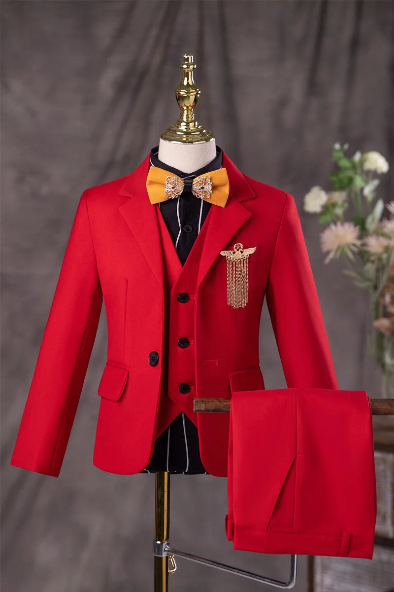 Boys Formal Red Suit with Blazer Vest Pants and Bow Tie Set