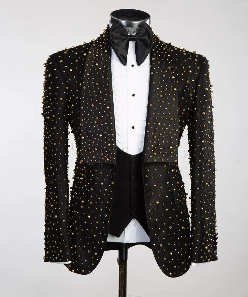 Men Suits for Wedding Beaded 2 Pieces Set Coat Shawl Lapel Tailor-Made Groom Blazer One Button Party Customized Jacket Pants