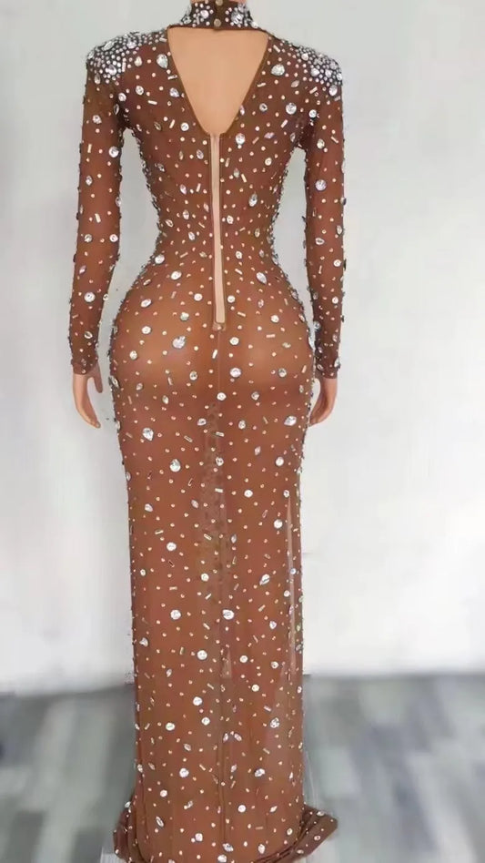 Sexy Stage Sparkly Silver Rhinestones Transparent Evening Long Dress Birthday Celebrate Crystals Costume Dancer Prom Club Dress