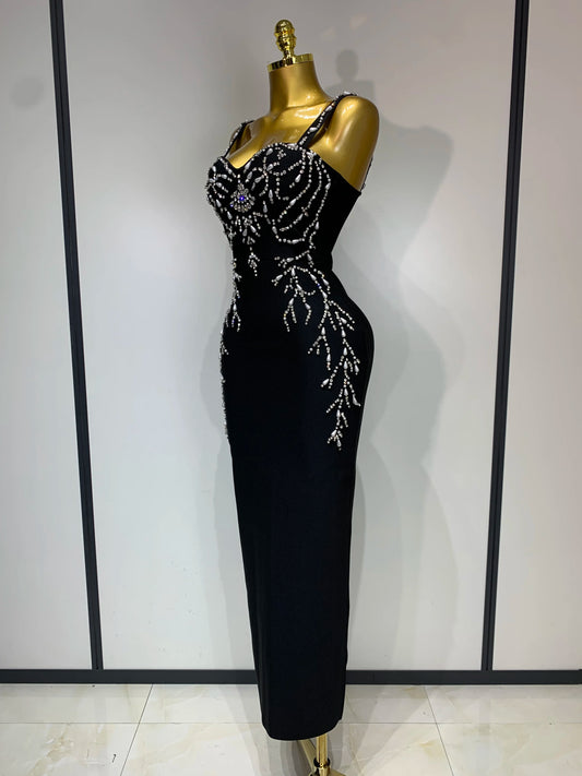 Women Sexy V Neck Black Beading Maxi Long Bodycon Bandage Dress Celebrity Elegant Evening Club Party Luxury Birthday Dress