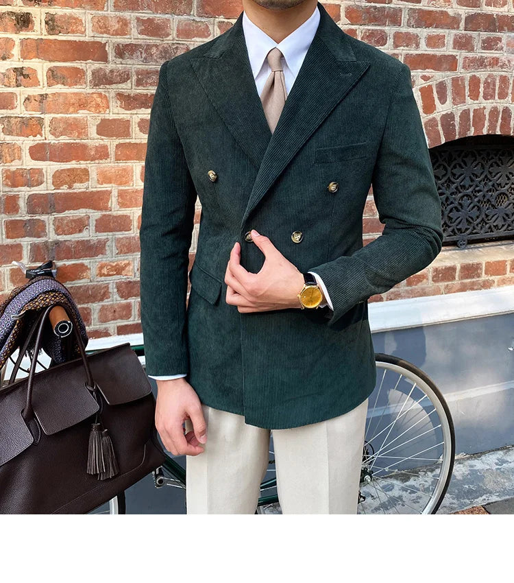 Blazer croisé élégant en velours côtelé bleu pour homme – Veste de costume slim de luxe pour mariages, dîners et événements spéciaux