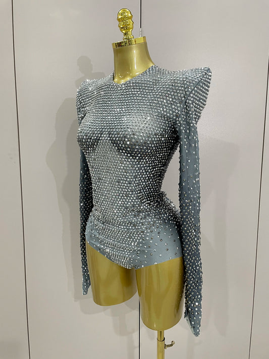 Body extensible à manches longues avec strass argentés scintillants pour femme, tenue de soirée de luxe, fête d'anniversaire, boîte de nuit, costume de scène