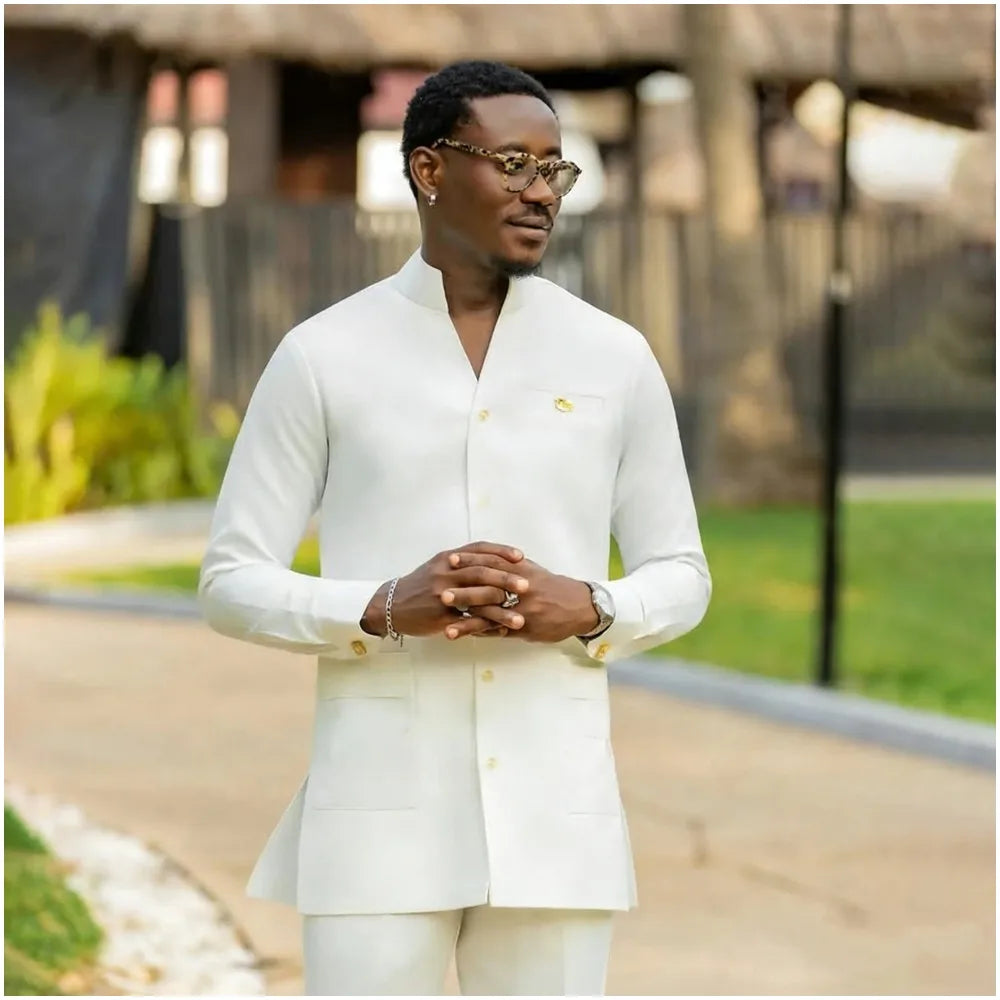 Elegant White Men Suits Single Breasted Stand Lapel Casual Formal Wedding Groom Prom Custom Male Clothing 2 Pieces Jacket Pants
