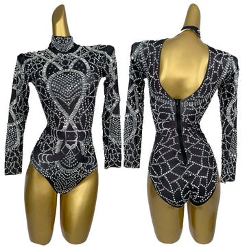 Justaucorps à diamants scintillants pour femme, tenue sexy noire pour fête, bal, anniversaire, séance photo, boîte de nuit, spectacle, scène 