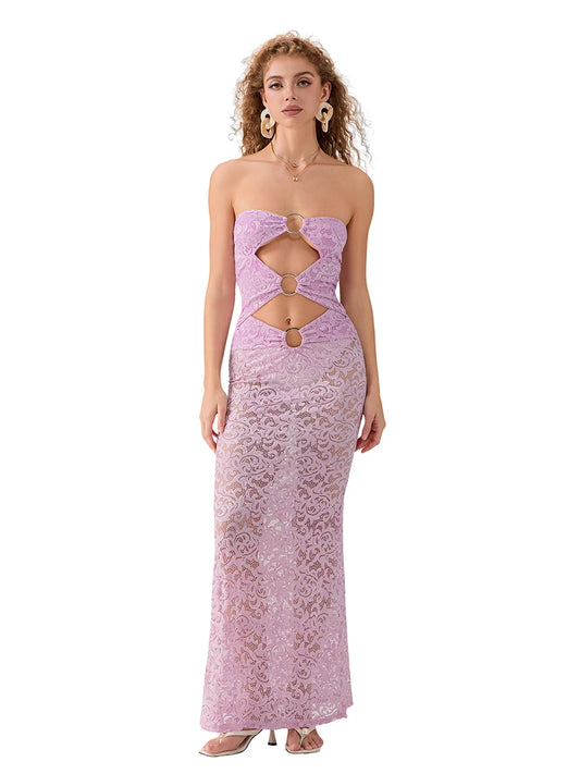 Robe en dentelle pour femme, sans bretelles, dos nu, ajourée, transparente, longue, robe de cocktail