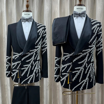 Luxury Men's Suit Pearls Rhinestone Shawl Lapel 2 Pieces Set Jacket Tailor-Made Blazer Double Breasted Customized Coat Pants
