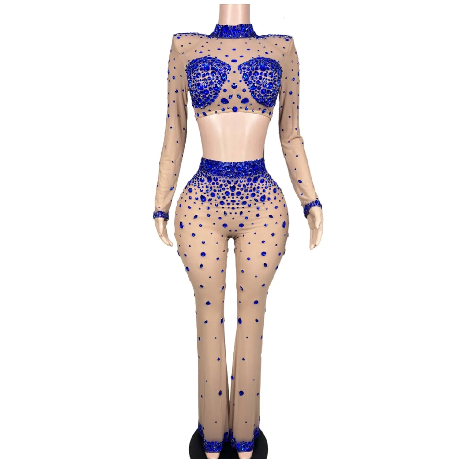 Women Sparkly Blue Rhinestone Mesh Two Pieces Pants Set Evening Celebrate Birthday Party Nightclub Photoshoot Costume