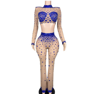 Women Sparkly Blue Rhinestone Mesh Two Pieces Pants Set Evening Celebrate Birthday Party Nightclub Photoshoot Costume