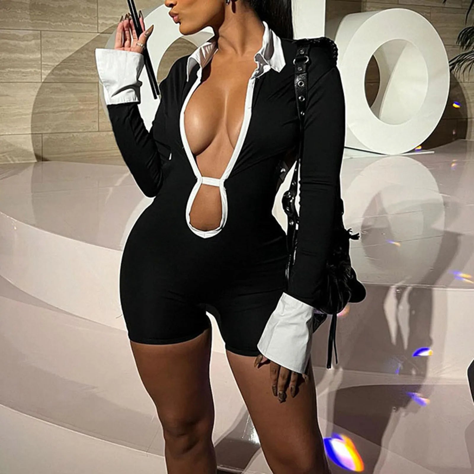 Black White Patchwork Deep V-Neck Hollow Out Jumpsuit Shorts Women Long Sleeve Backless Lace Up Club Party Rompers Outwear