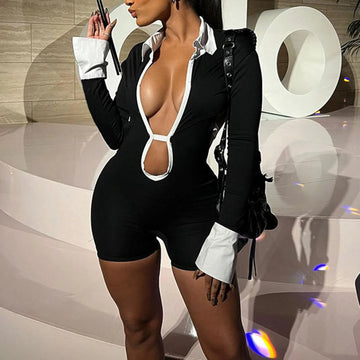 Black White Patchwork Deep V-Neck Hollow Out Jumpsuit Shorts Women Long Sleeve Backless Lace Up Club Party Rompers Outwear